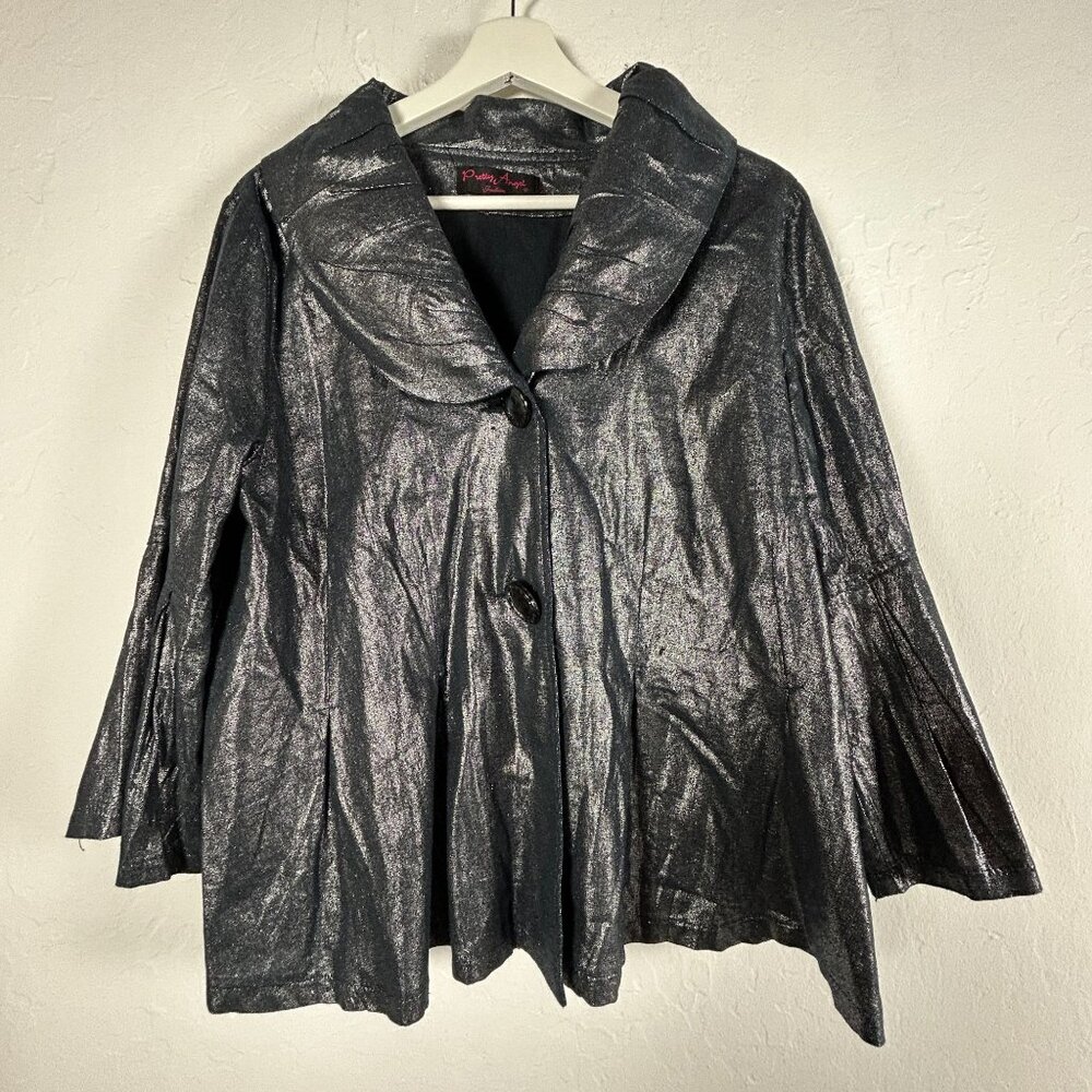 Pretty Angel Fashion Womens Black Metallic Button-Front Jacket Coat Linen Blend